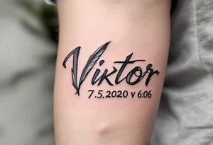 Feather quill writing name Viktor – 7.5.2020 v 6:06 in classic black and silver shading. tattoo idea
