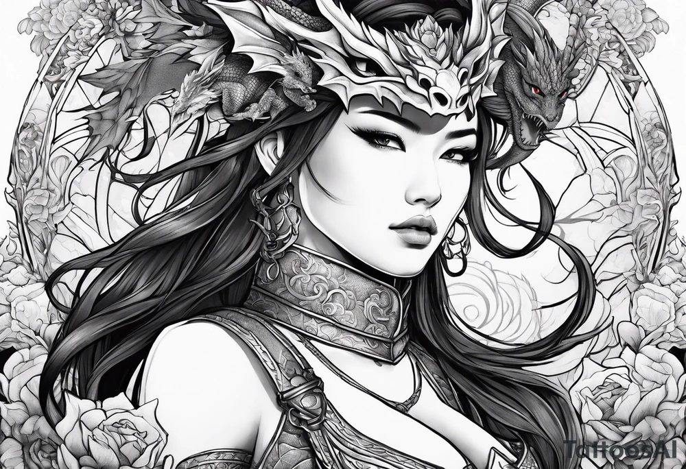 beautiful warrior woman wearing dragon armor and a floral background and a dragon a full picture tattoo idea