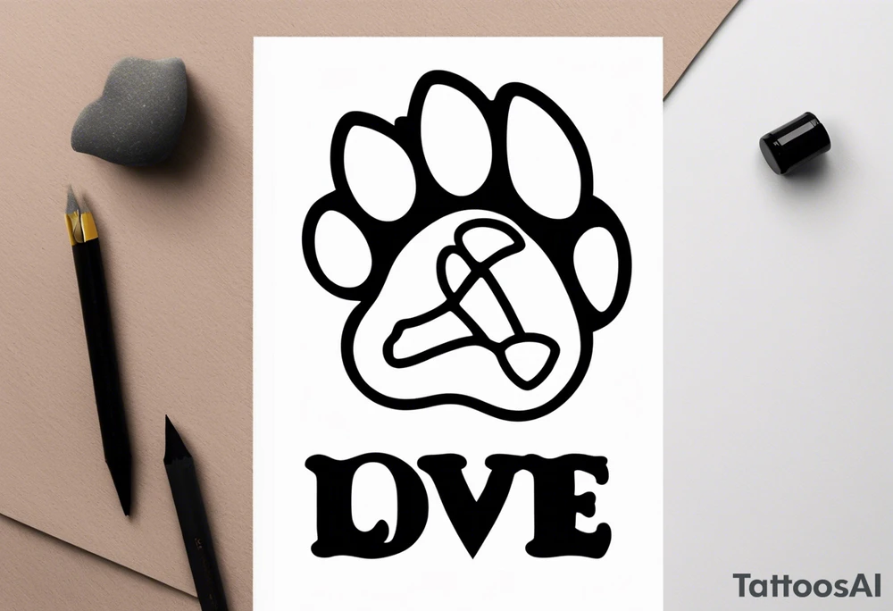 minimalist draw paw print in the word love with a halo over the o tattoo idea