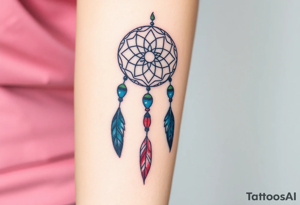 native dreamcatcher with flowing feathers and sacred beads tattoo idea