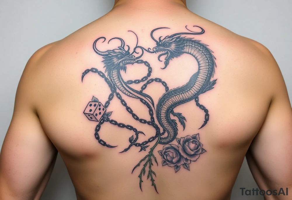 Squid and dragon combined with chains, tree roots, cherry blossoms and roses rolling dice tattoo idea