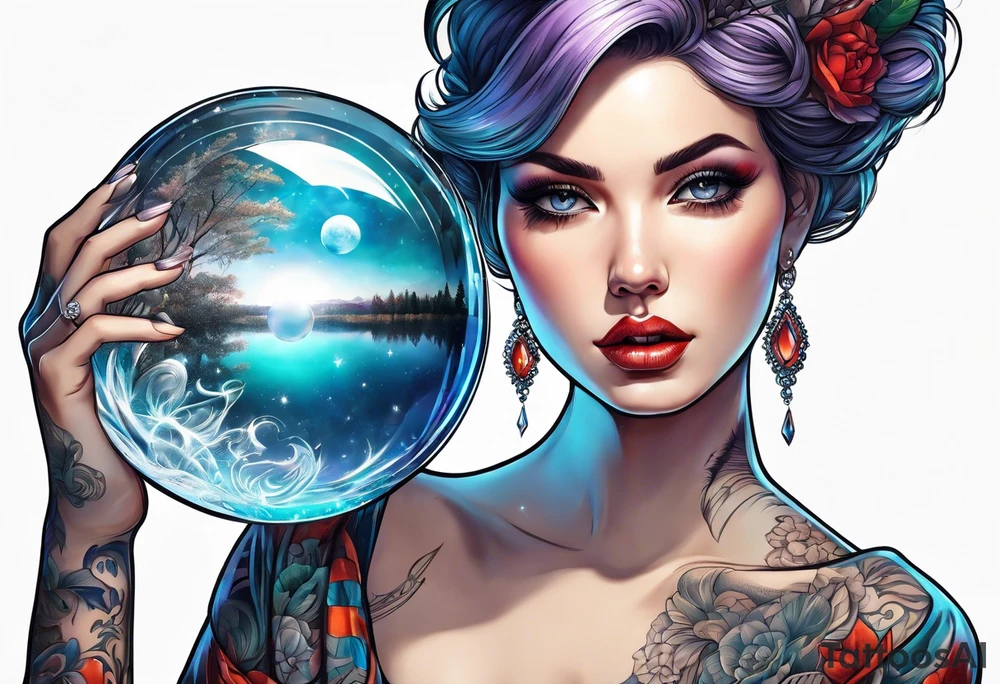 woman holding crystal ball close up tattoo idea