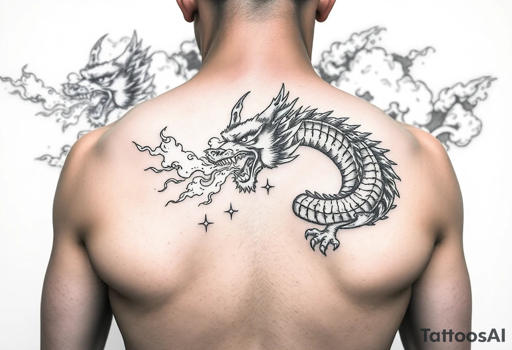 fierce dragon breathing iridescent fire against stormy skies tattoo idea