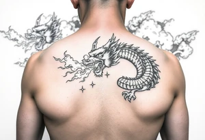 fierce dragon breathing iridescent fire against stormy skies tattoo idea