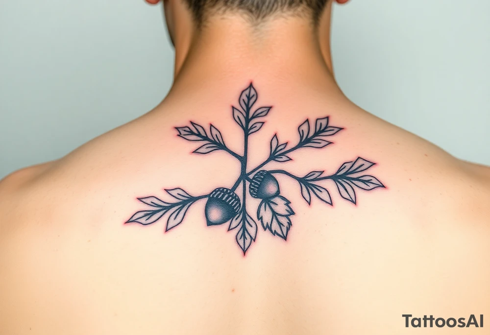 oak branch with thick leaves and acorns tattoo idea