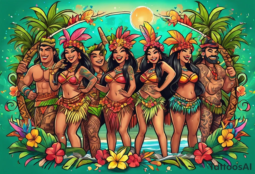 hulu tiki party with dancing tiki guys and sexy tiki girls on a beach with music notes and confetti around a blank space in the middle tattoo idea