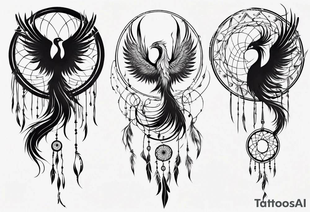 Vertical Phoenix in circles with abstract dream catcher tail tattoo idea Vertical Phoenix in circles with abstract dream catcher tail tattoo idea