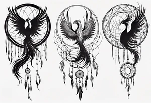 Vertical Phoenix in circles with abstract dream catcher tail tattoo idea