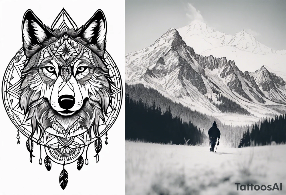 A whimsical wolf tattoo featuring mandala or dream catcher elements, with the wolf as the central focus, surrounded by mountains in the background. Include flowers and nature elements to fill the space around the wolf. Some color but not completely solid bold color tattoo idea