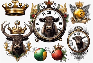 Ballon de foot avec le numéro23,  une horloge avec une couronne,  le tout avec au fond un taureau tattoo idea