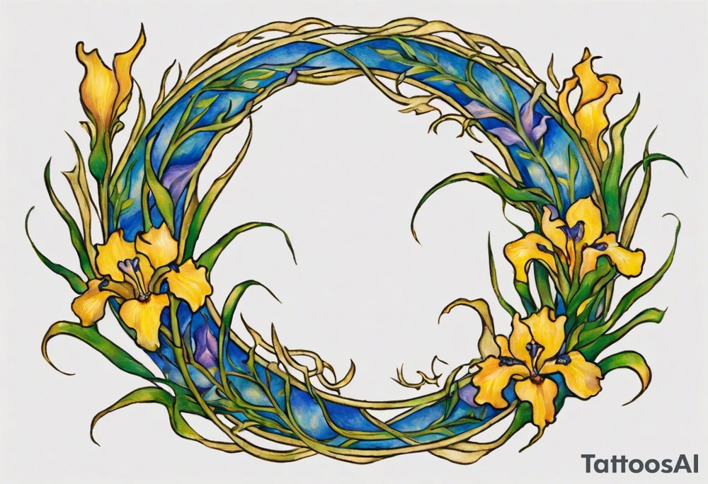 Create a small colorful Vincent van Gogh Irises tattoo in the form of a crescent, with vines or Celtic knots gracefully intertwining at a central point in the middle of the wreath.  In the middle of the wreath are mountains and other items found in New Mexico. Ensure that the design avoids the appearance of a bush and maintains a more structured and deliberate arrangement. The intended placement is on the upper chest. The overall design should be small in size while maintaining a delicate and artistic aesthetic. Pay attention to the graceful flow of the vines and the placement of the irises to achieve a refined and elegant look. tattoo idea
