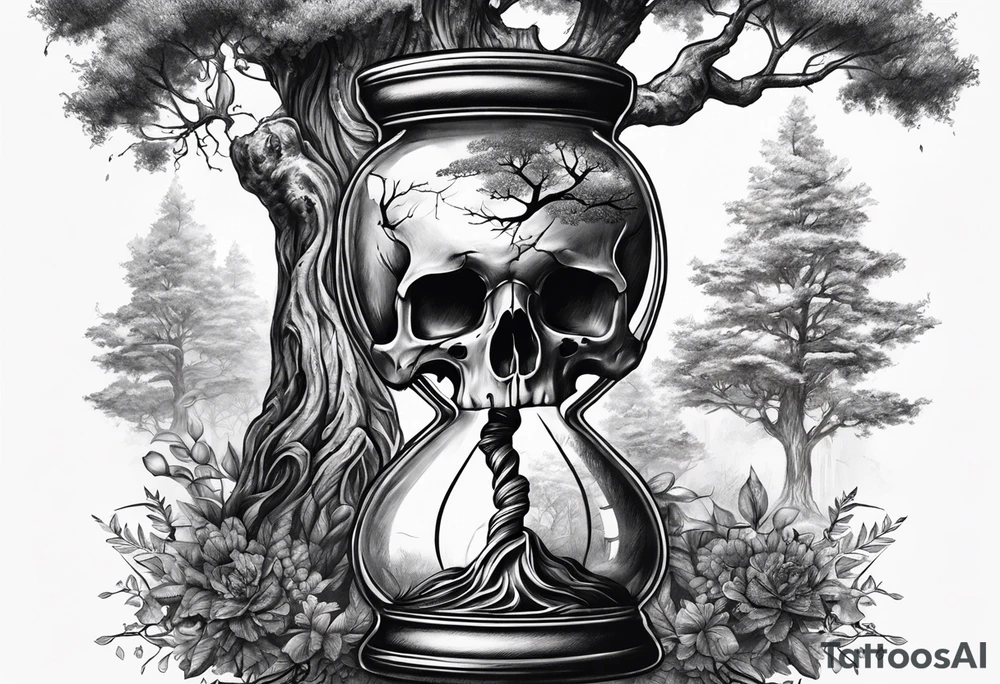 Hourglass with skull and tree inside tattoo idea