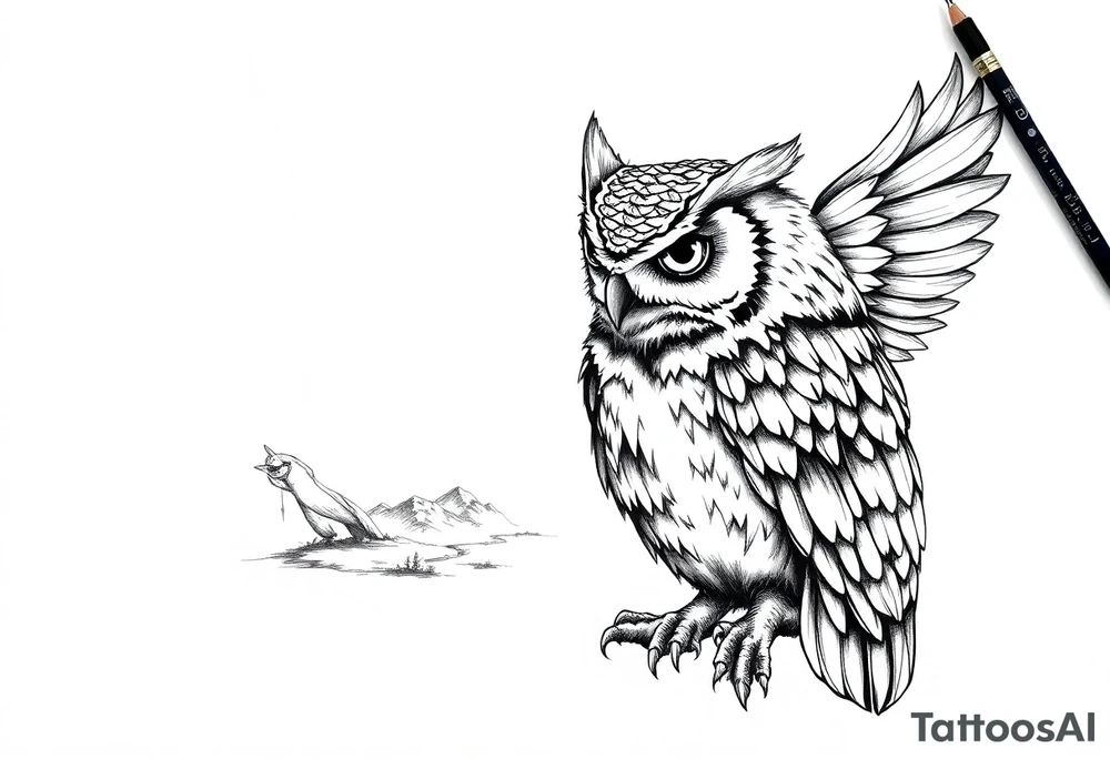 an owl,a compass,landscape. tattoo idea