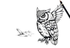 an owl,a compass,landscape. tattoo idea