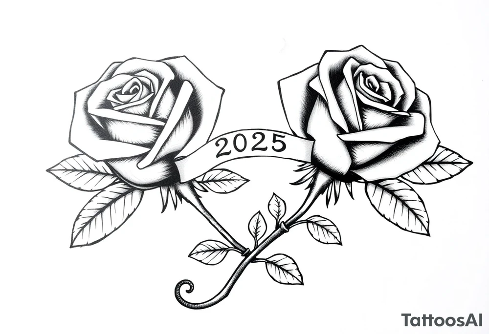 two beautiful rose buds, side by side, with many leaves and their stems intertwined, representing two people in love. Include a banner connecting the two roses with "2025" on it.  The word "Rose" written in Kanji above the drawing.  Use dark outlines with little shading. The end of the rose stem should be curved or twisted - not straight down. tattoo idea