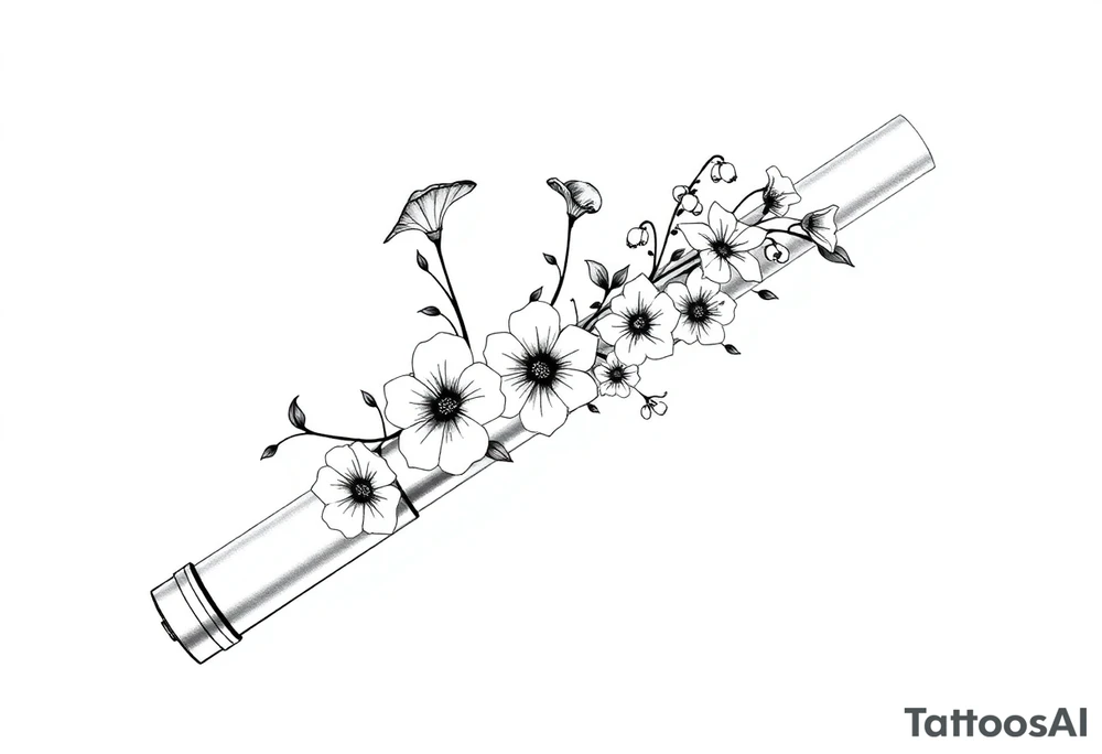 Morning glories, daisies, lily of the valley in a Star Wars lightsaber handle tattoo idea