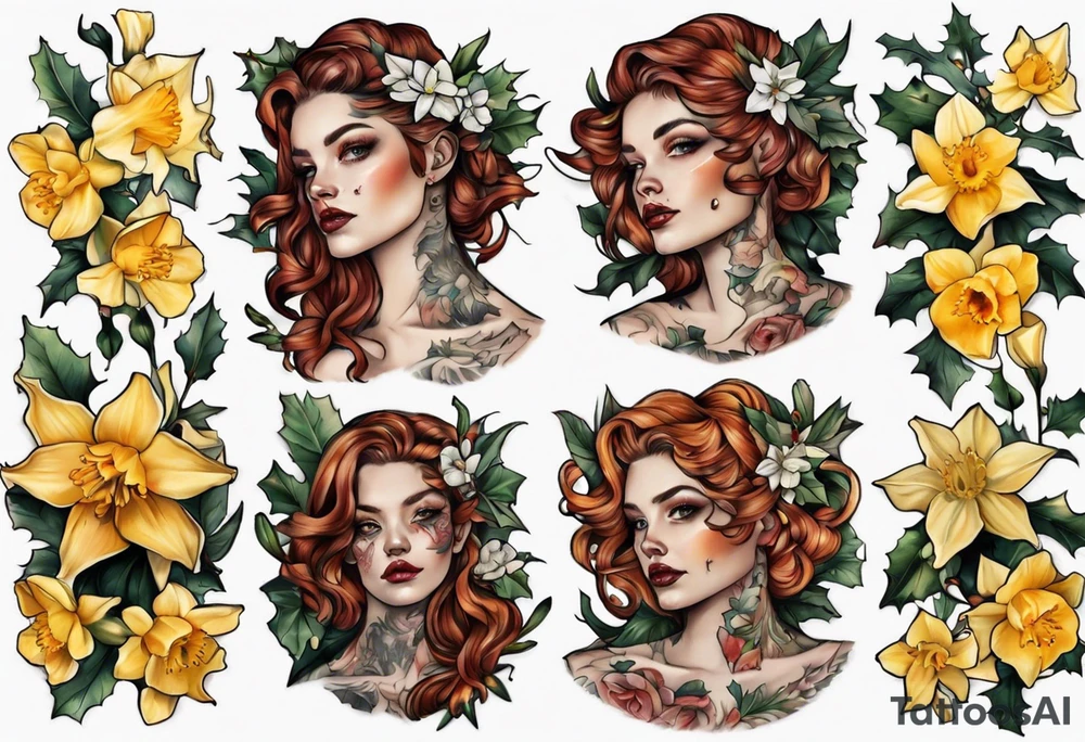 OAKLEE with Narcissus and holly flowers tattoo idea