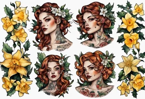 OAKLEE with Narcissus and holly flowers tattoo idea