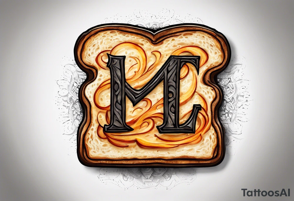 Burnt toast with the letters LGNTW carved into it tattoo idea