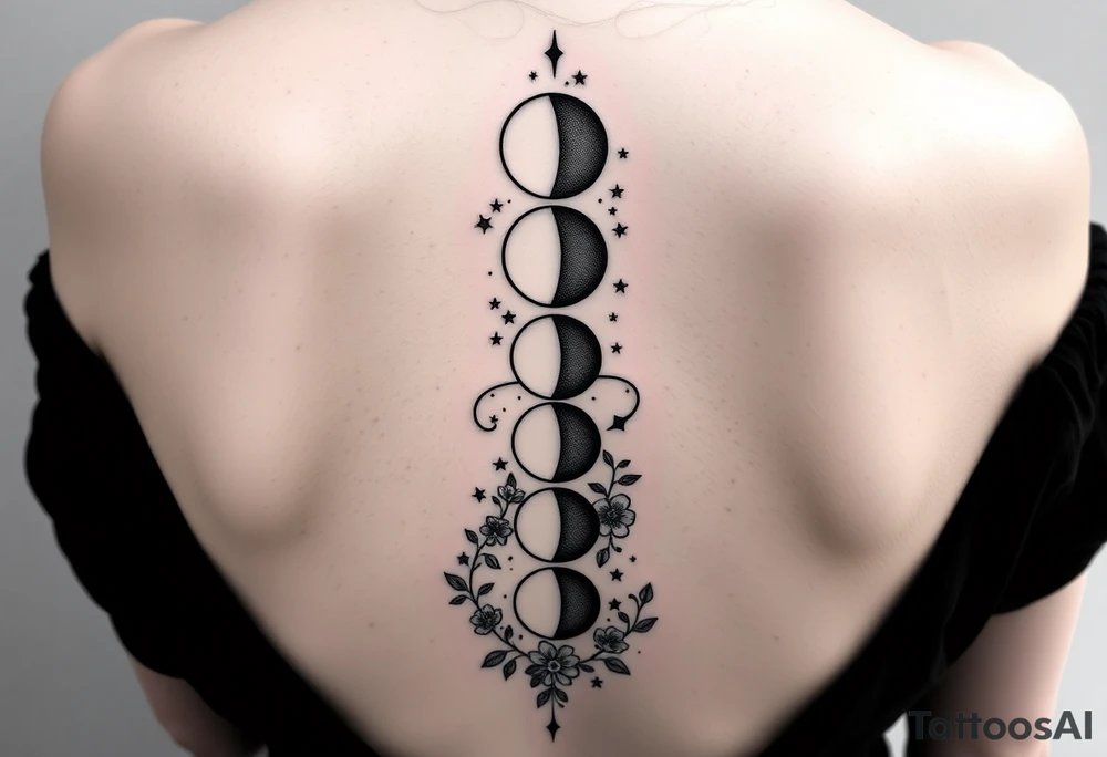 new moon, waxing crescent, first quarter, waxing gibbous, full moon, waning gibbous, last quarter, and waning crescent going down the spine vertically each represent different phases of the moon individually with flowers and vines and stars around it going up and down the sides tattoo idea