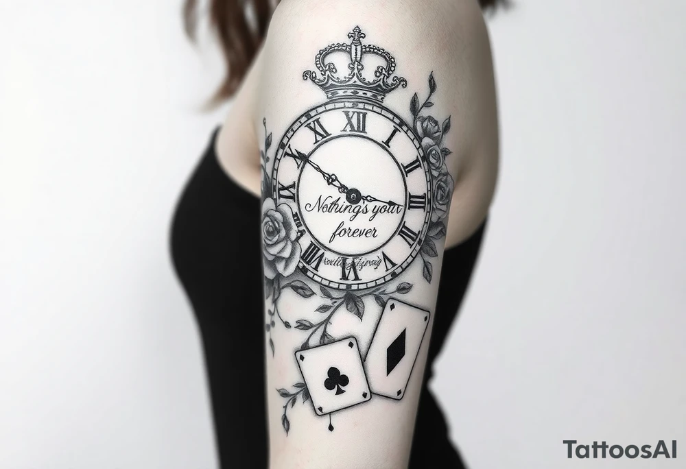 Roman clock with roses and a crown,  a quote that says nothings forever. and on the bottom a deck of cards tattoo idea