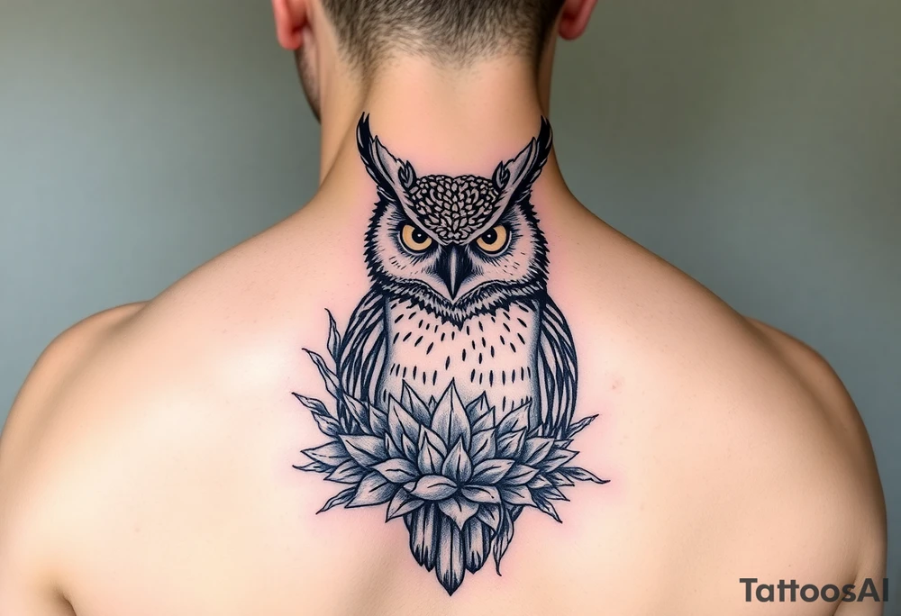 Horned Owl with Succulents tattoo idea