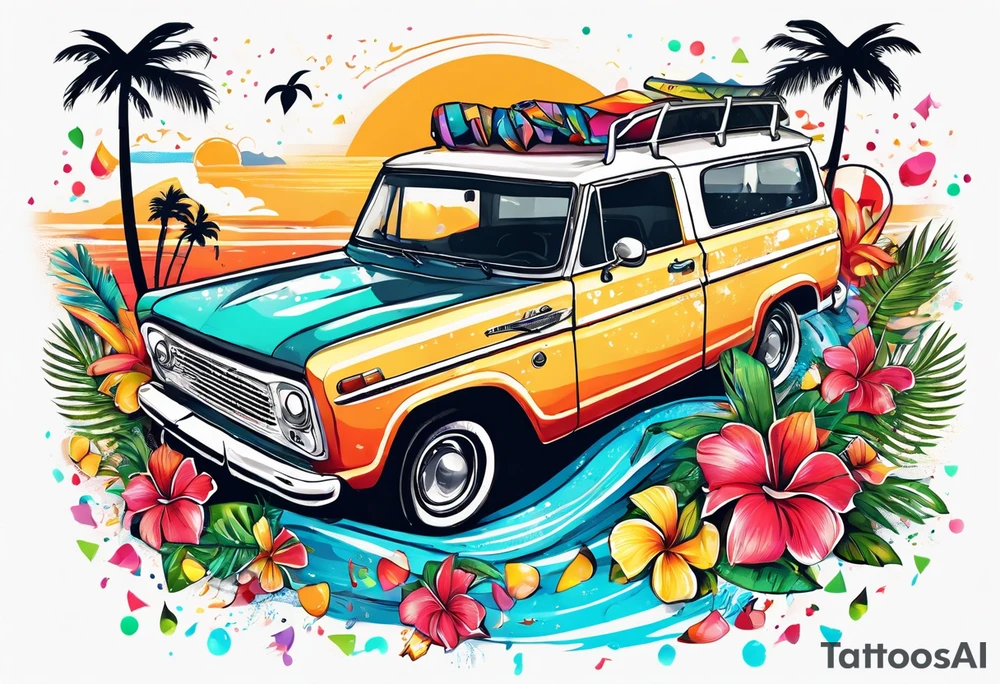 SURFING SAFARI BEACH DANCE 
PARTY WITH CONFETTI AND MUSIC NOTES, TROPICAL DRINKS, SEXY BIKINIS tattoo idea
