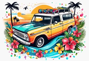 SURFING SAFARI BEACH DANCE 
PARTY WITH CONFETTI AND MUSIC NOTES, TROPICAL DRINKS, SEXY BIKINIS tattoo idea