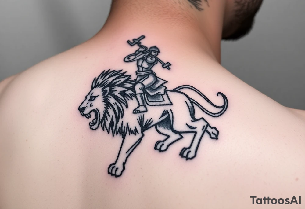 warrior riding on top of lion into battle tattoo idea