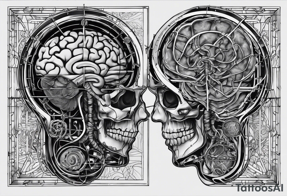 give me panes of glass that each have an image of the dissected brain but in each pane have a variant of music, mathematical, and computational images. tattoo idea