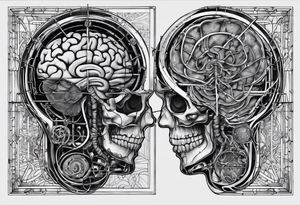 give me panes of glass that each have an image of the dissected brain but in each pane have a variant of music, mathematical, and computational images. tattoo idea