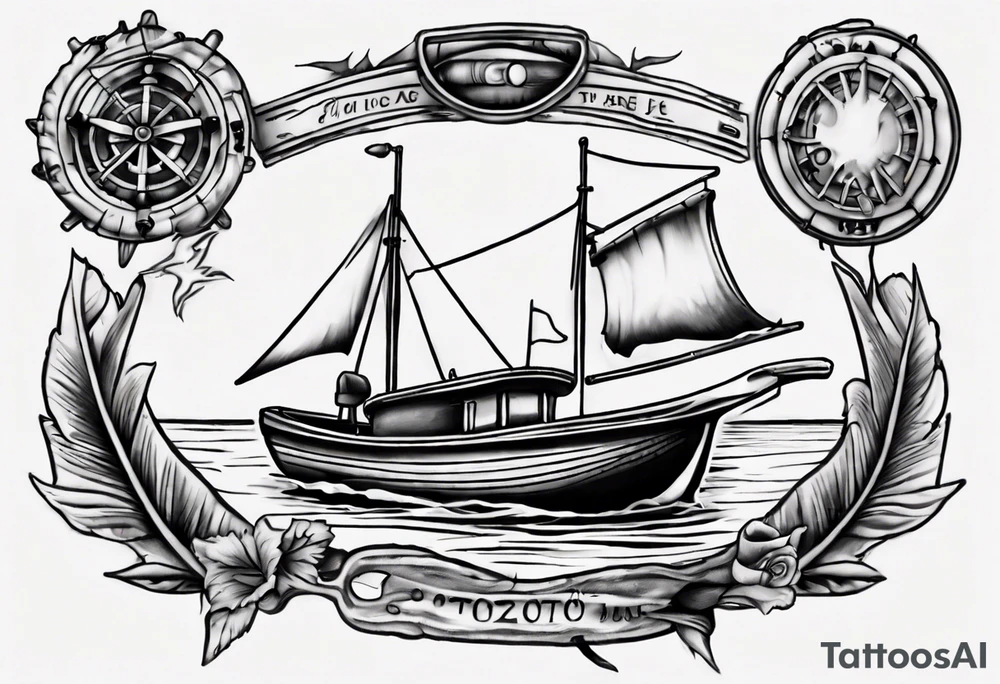 memorial tattoo for my father. include an open boat and outboard motor with dad at the engine and a boy in the front of the boat. try to tie in other hobbies like playing cribbage, woodworking, and watching jeopardy tattoo idea