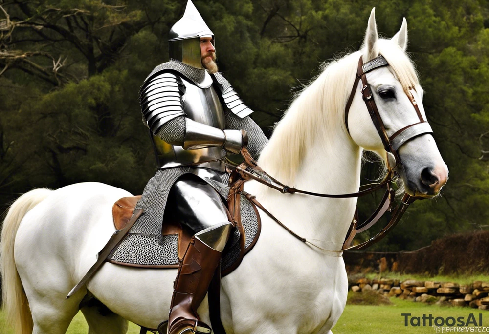 O primeiro cavaleiro do apocalipse. Com um arco e flechas nas costas ele monta num cavalo branco, forte e esbelto, com cabelos longos no pescoço. Com porte fisico forte e vestindo uma armadura de ferro, o cavaleiro usa um capacete medieval em forma de coroa. tattoo idea