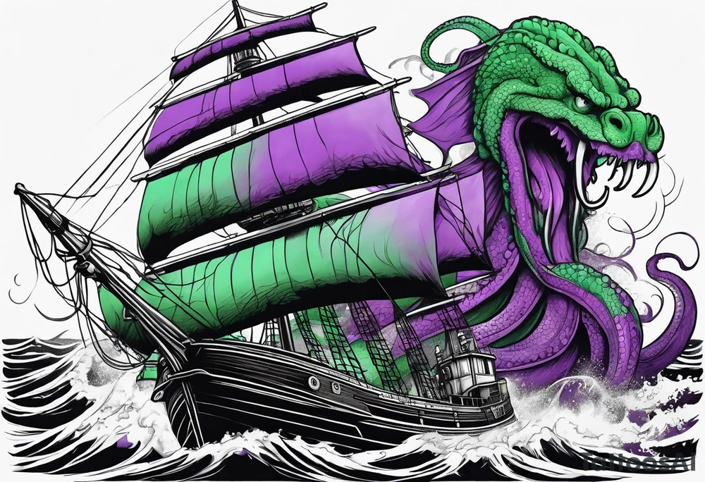 Purple and green kraken breaking brown ship tattoo idea