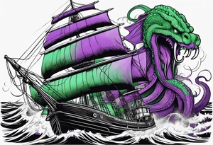 Purple and green kraken breaking brown ship tattoo idea