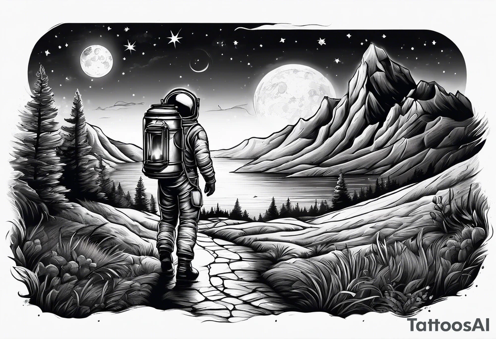 An astronaut holding a candle lantern to walk through beautiful landscape in the dark tattoo idea
