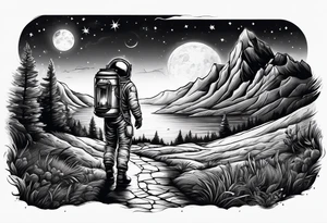 An astronaut holding a candle lantern to walk through beautiful landscape in the dark tattoo idea