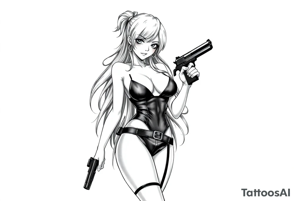 naked girl, slut, anime, holding gun, black, leather bikini, angry tattoo idea