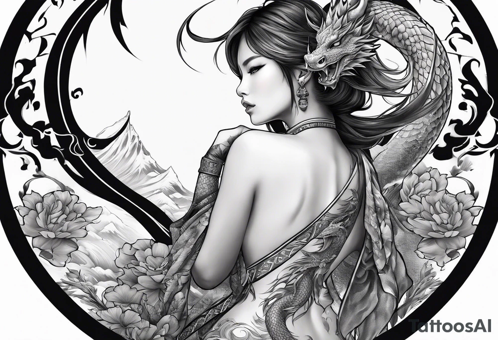 large back tattoo of warrior nymph with dragon tattoo idea