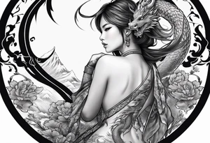 large back tattoo of warrior nymph with dragon tattoo idea
