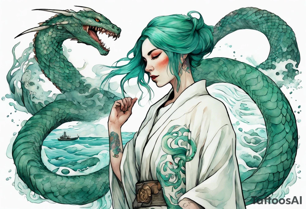 an Irish woman with teal hair wearing a white robe standing next to a sea-serpent tattoo idea