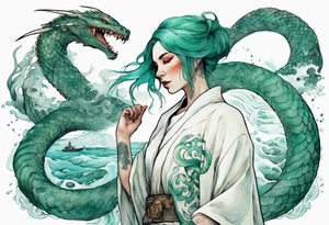 an Irish woman with teal hair wearing a white robe standing next to a sea-serpent tattoo idea