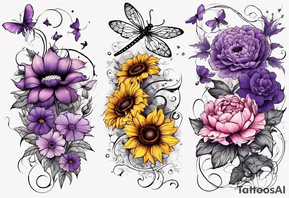Arm sleeve, sunflowers, dragonflies, three purple cosmos flower, one violet, one pink carnation, vines , leaves and butterflies tattoo idea