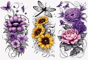 Arm sleeve, sunflowers, dragonflies, three purple cosmos flower, one violet, one pink carnation, vines , leaves and butterflies tattoo idea