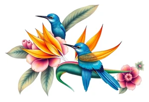 Bird of paradise flower with blue bird tattoo idea