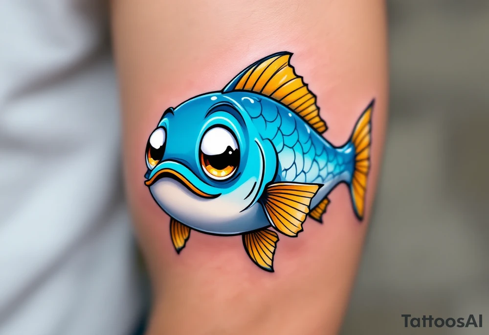 Cartoon Catfish Character – A friendly, round-bellied catfish with sky-blue body, yellow fins, and oversized, expressive eyes, ideal for a fun and playful design. tattoo idea