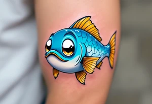 Cartoon Catfish Character – A friendly, round-bellied catfish with sky-blue body, yellow fins, and oversized, expressive eyes, ideal for a fun and playful design. tattoo idea