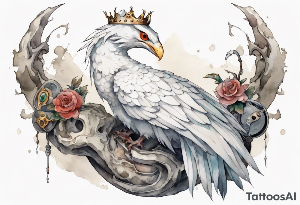 a white bird-serpent hybrid, wearing a iron crown, sitting on a stone tattoo idea