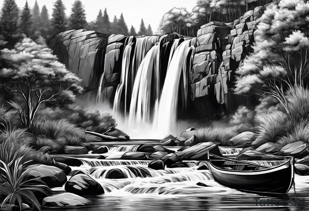 waterfall going into a river with a camp site in Australia tattoo idea