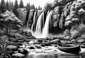 waterfall going into a river with a camp site in Australia tattoo idea